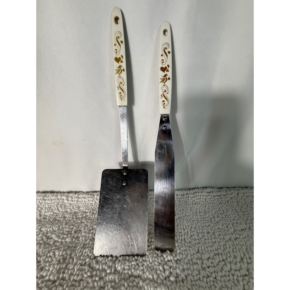 Vintage CT Stainless Steel Spatula‎ Set Gold Bird Scroll Cream Handle